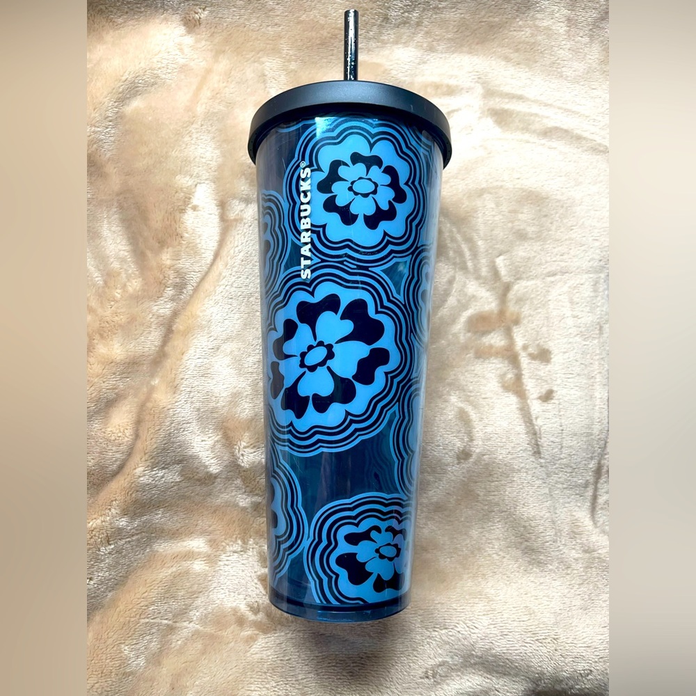 24 oz Starbucks black with flowers cup